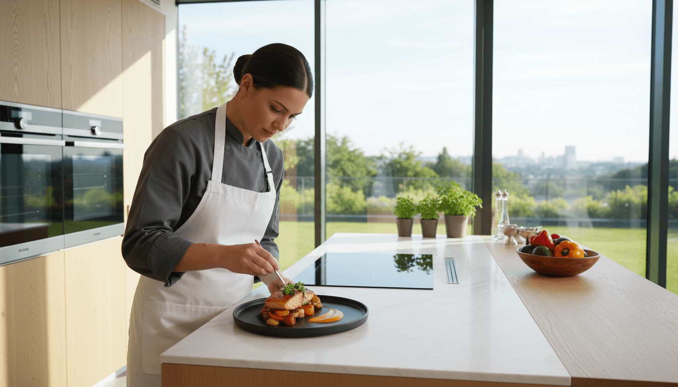 Professional chef carefully plating a dish in a modern home kitchen