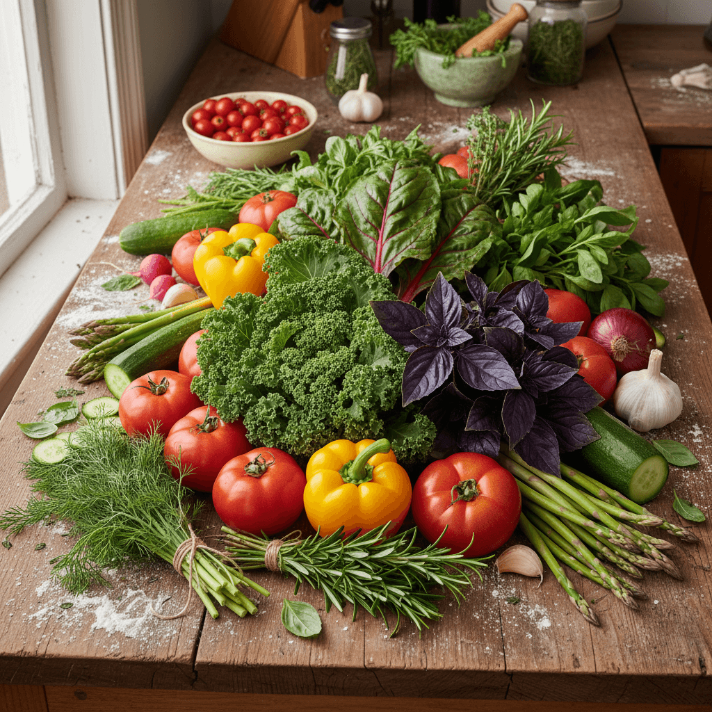 Fresh seasonal vegetables and herbs on a kitchen counter
