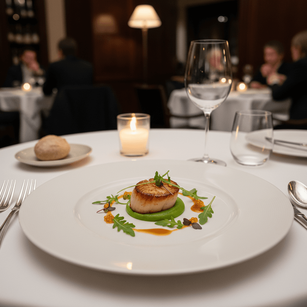 Elegantly plated gourmet dish with microgreens on a fine dining table