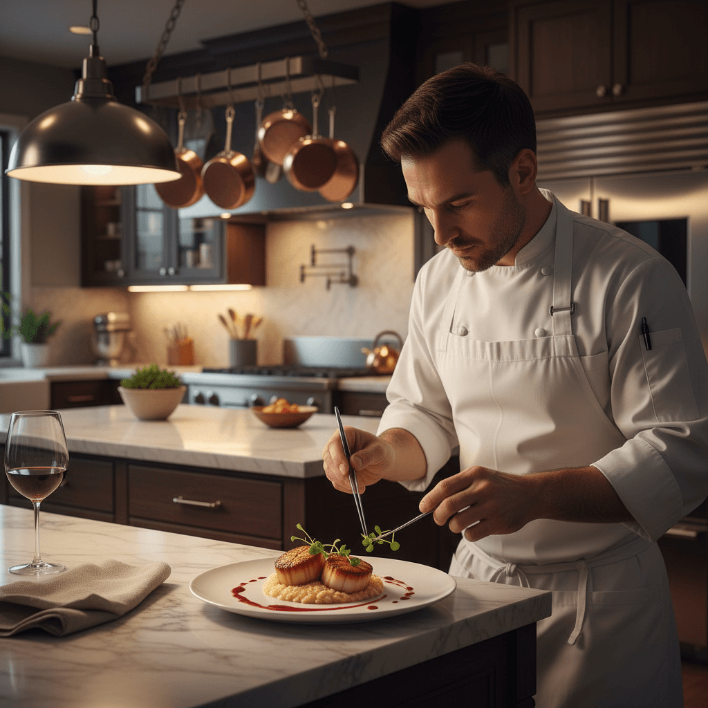 Chef plating a gourmet dish in an elegant home kitchen