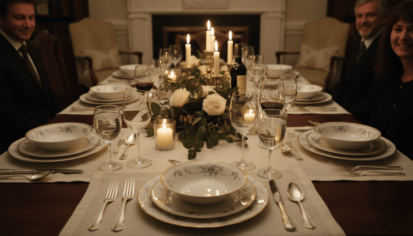 Elegant private dinner table set with fine china and candles