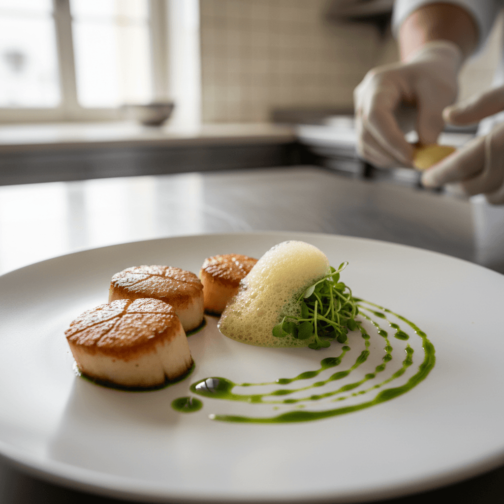 Seared scallop plated with herb oil on a ceramic plate