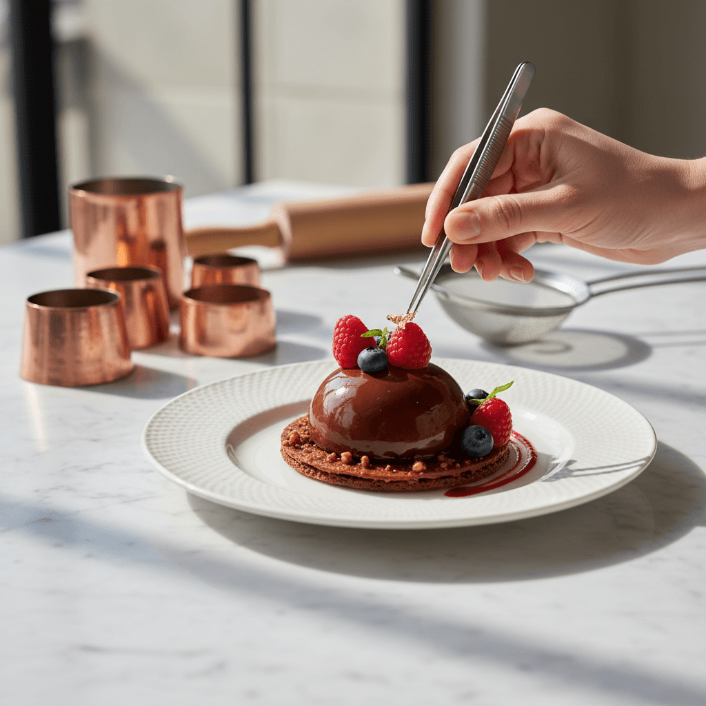 Chocolate dessert with gold leaf and artistic sauce dots on a white plate