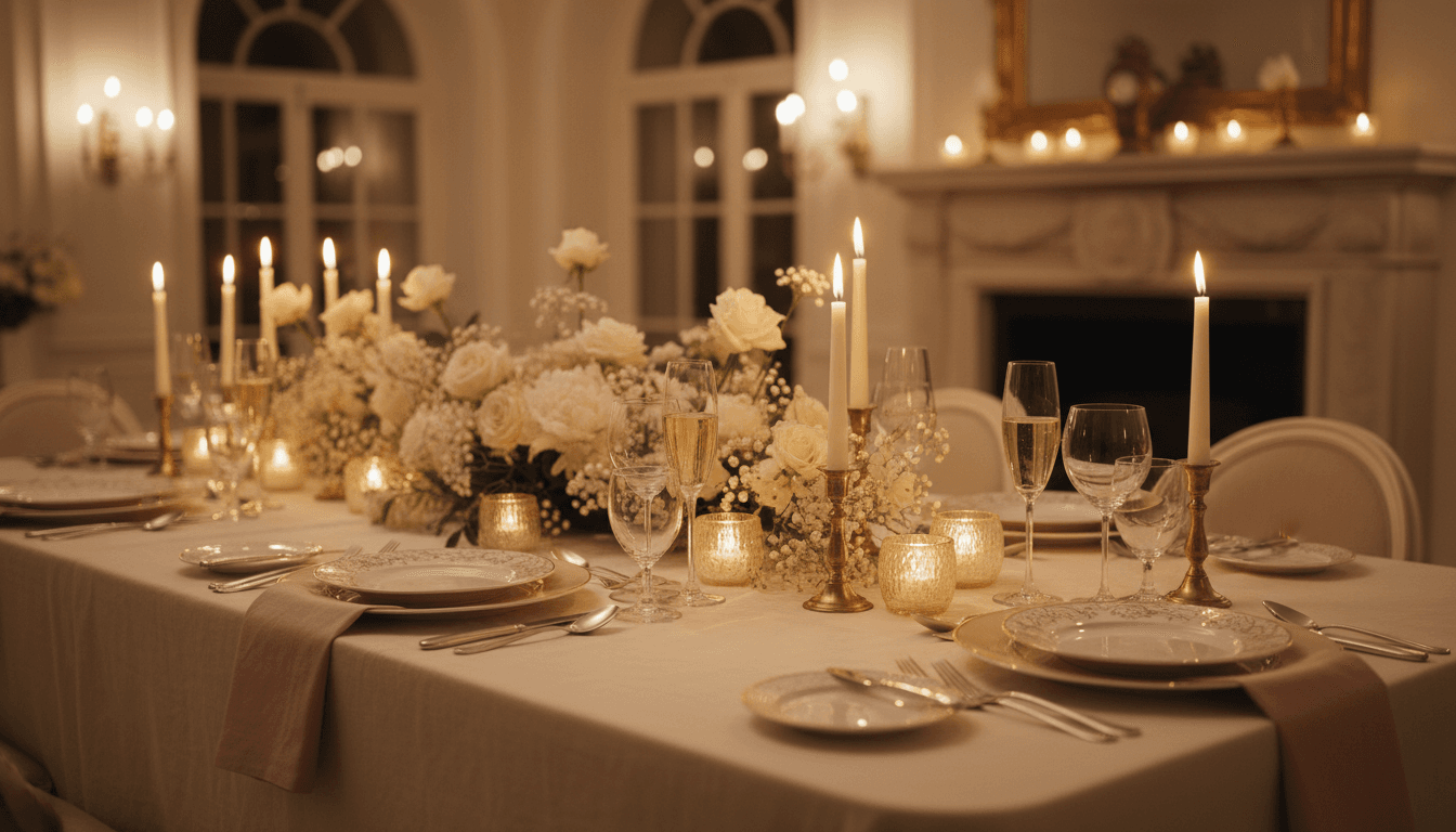 Elegant dinner table beautifully set with candles and wine glasses in warm lighting