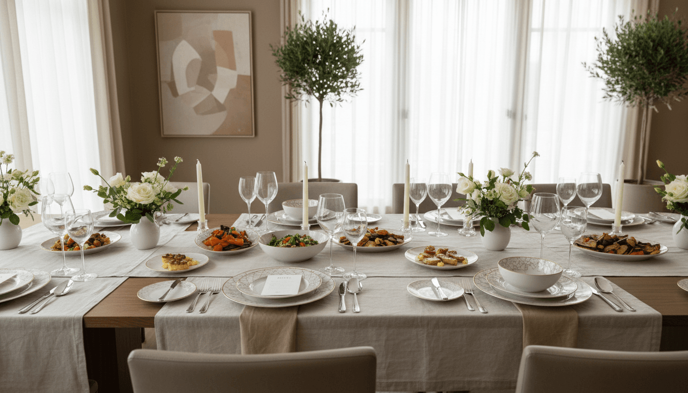 Elegant dinner table set with fine plates and glasses in soft light