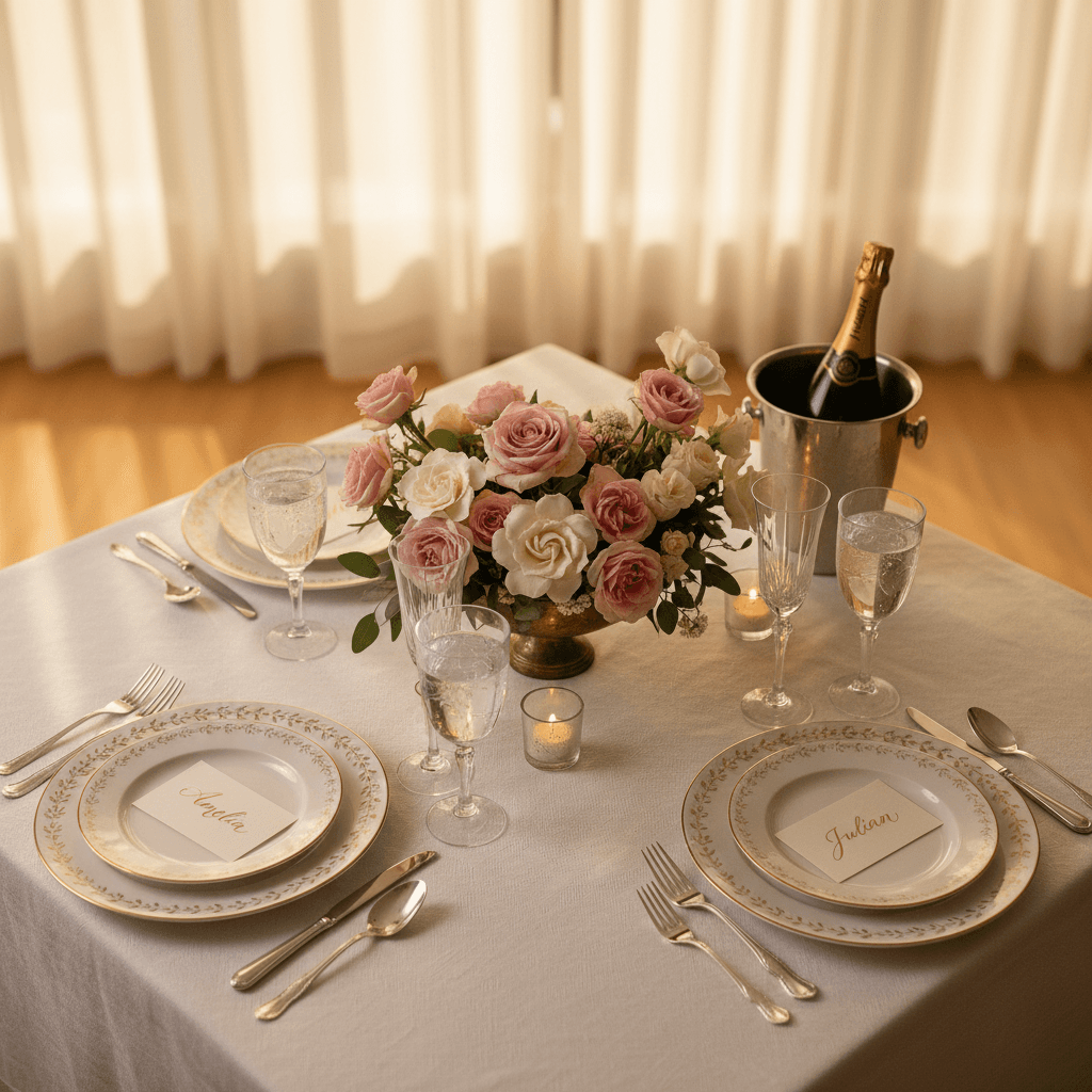 Candlelit dinner table styled with white linen and seasonal flowers