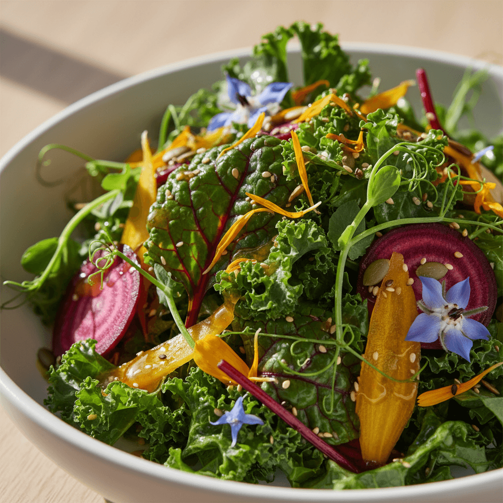 Overhead view of a composed salad with edible flowers on dark stone
