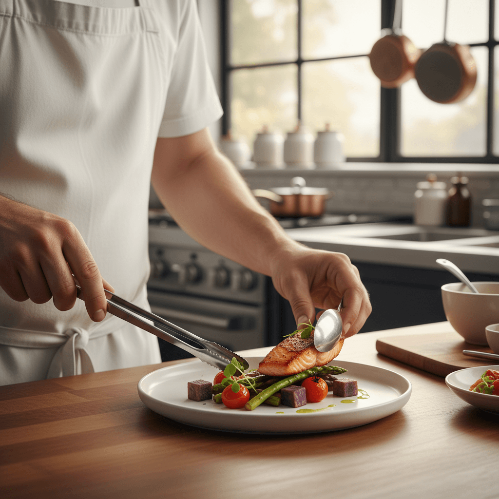 Private chef carefully plating a dish in a client's home kitchen