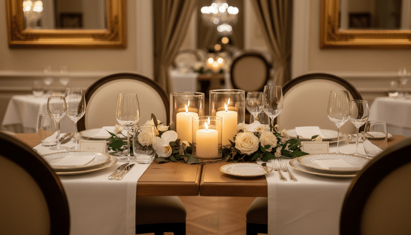 Beautifully set dinner table with candles and fine china in a private home