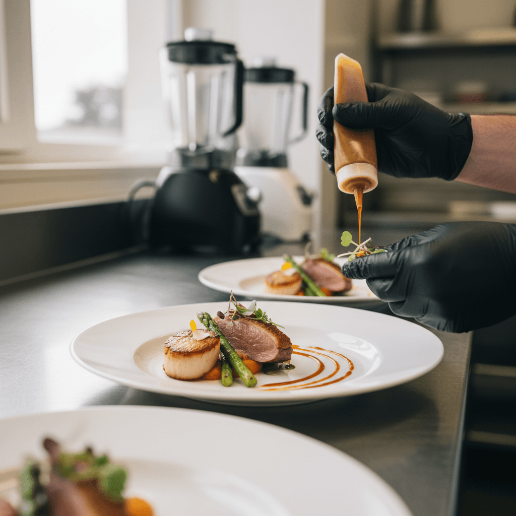 Chef plating a gourmet dish in a home kitchen