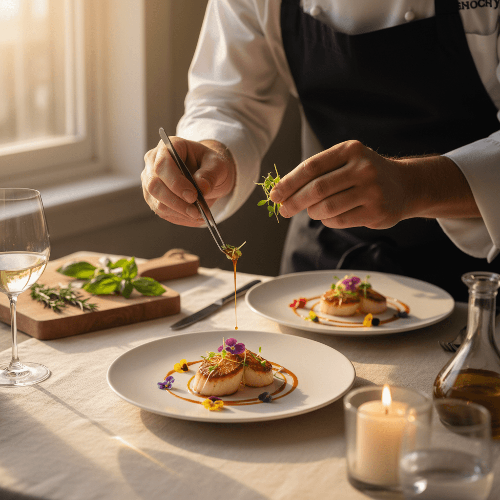 Elegant plated dinner with microgreens