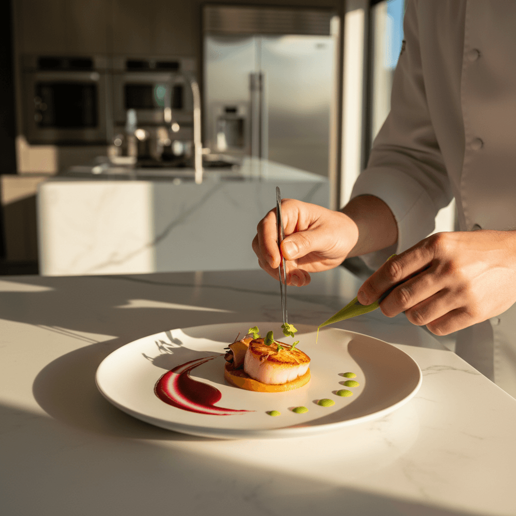 Chef carefully plating an elegant dish in a modern home kitchen