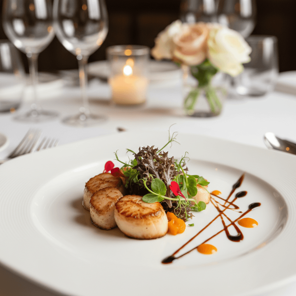 Elegant plated gourmet dish with microgreens on a ceramic plate