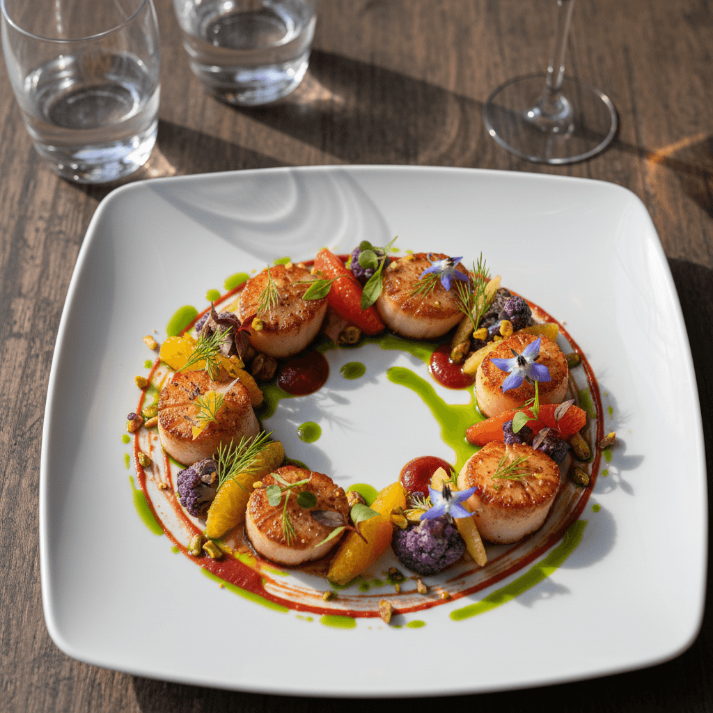 Elegantly plated fine dining dish with microgreens on a ceramic plate